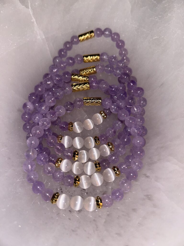 Amethyst Selenite and Gold Bracelets On Tray