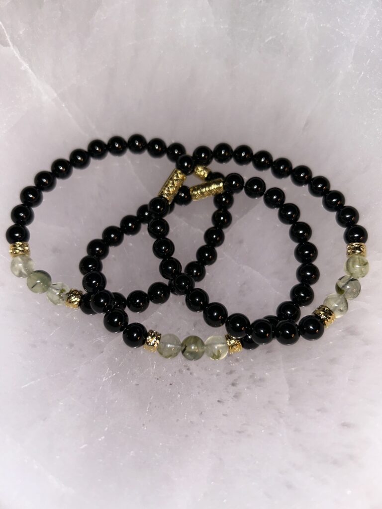 Black Tourmaline and Prehnite - Rotated Bracelets On Tray