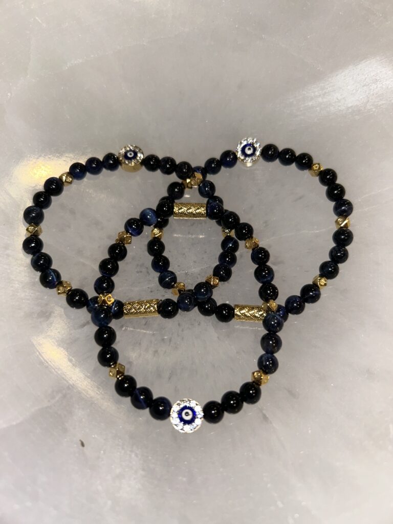 Blue Tigers Eye With Evil Eye Rotated Bracelet Rotated Triangle on Tray