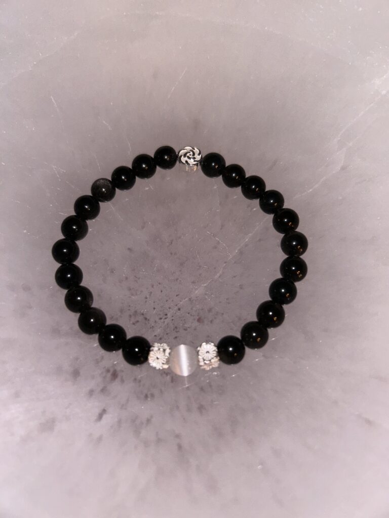 Single Silver Obsidian Antique Silver and Selenite Bracelet