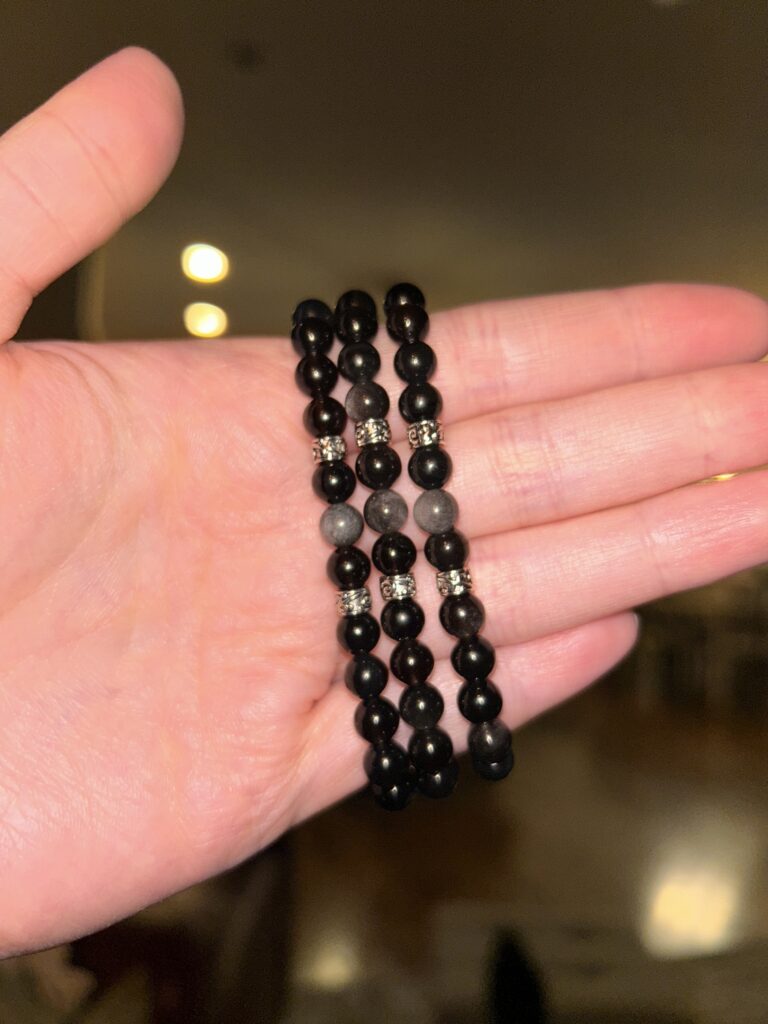 Better Photo of 3 Silver Obsidian Bracelets Displayed by Hannd